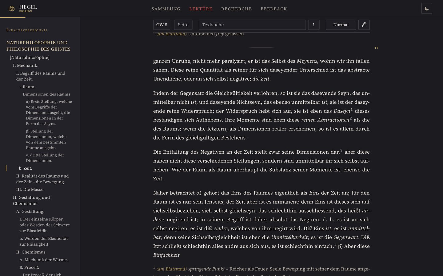 Randnotizen in Fassung 0.77: die Notizen stehen als Liste unter der Seite, jede mit dem Vermerk am Blattrand.