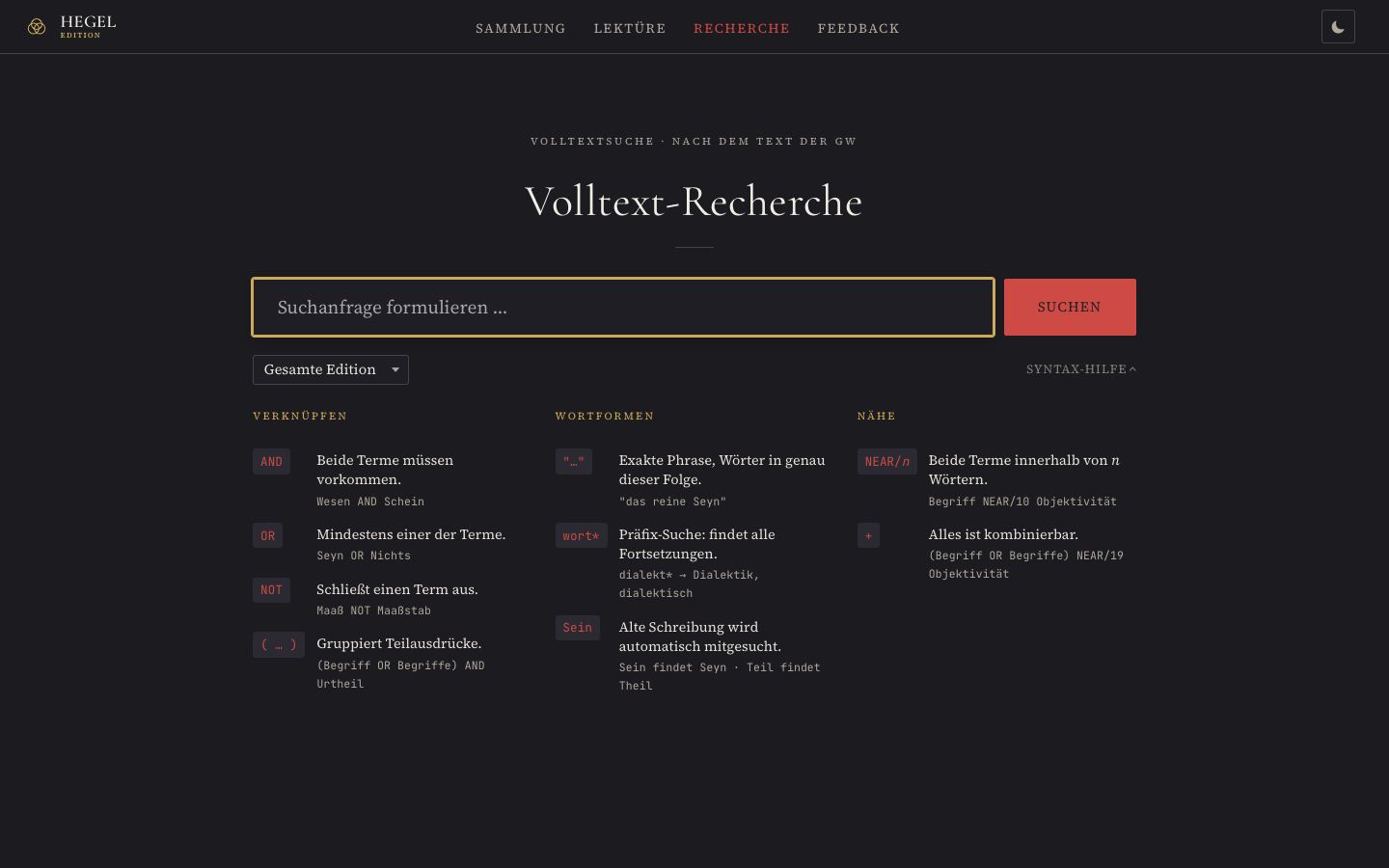 Recherche in Fassung 0.77: Suchfeld mit rotem Knopf, darunter drei Spalten Suchsyntax.