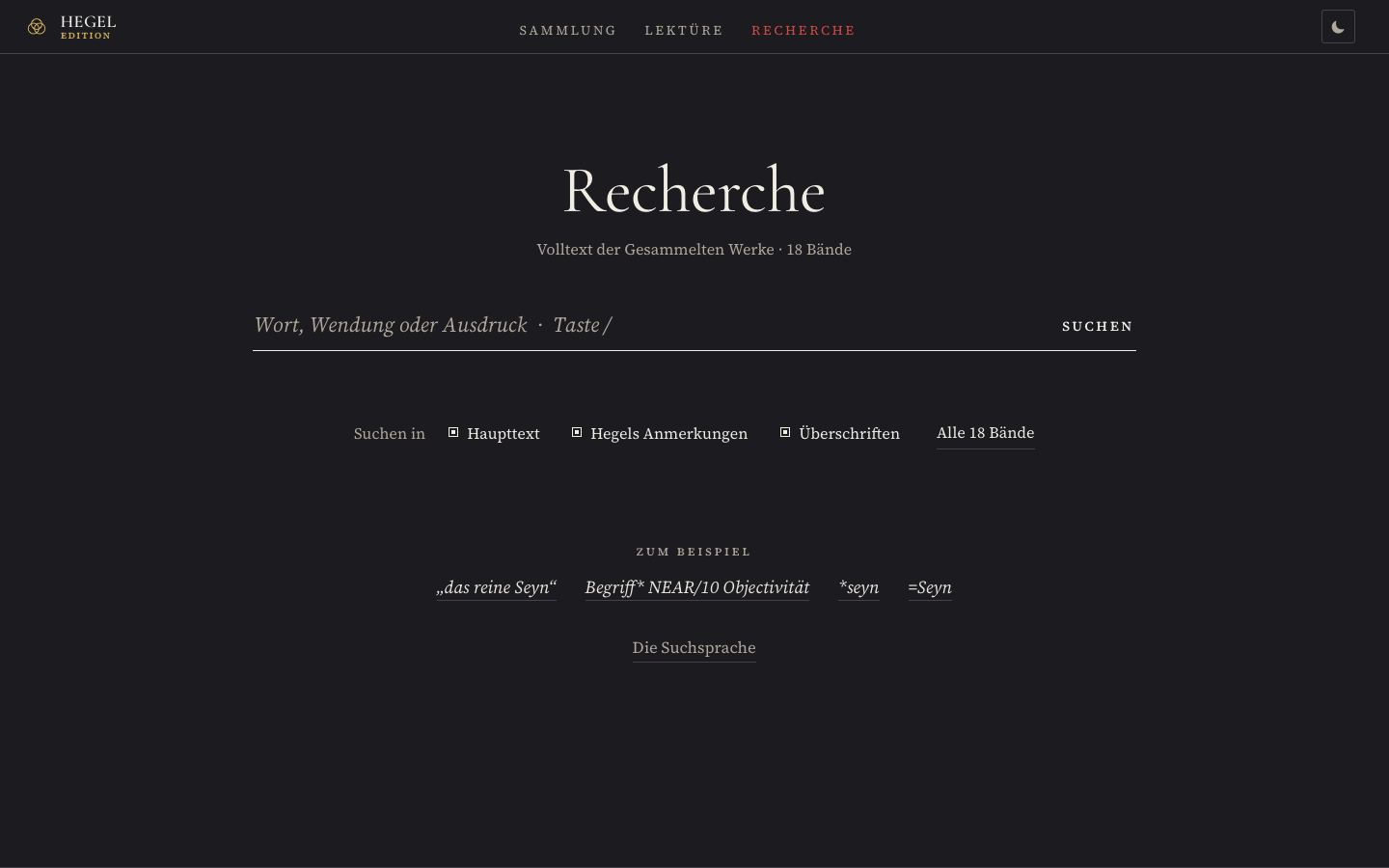 Recherche in Fassung 0.8: Titel, ein Feld auf einer Linie, Kästchen für den Bereich, vier Beispiele.
