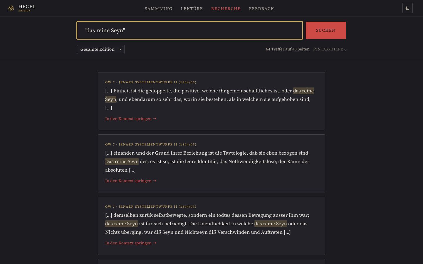 Treffer in Fassung 0.77: Kästen mit Werktitel und Textausschnitt.