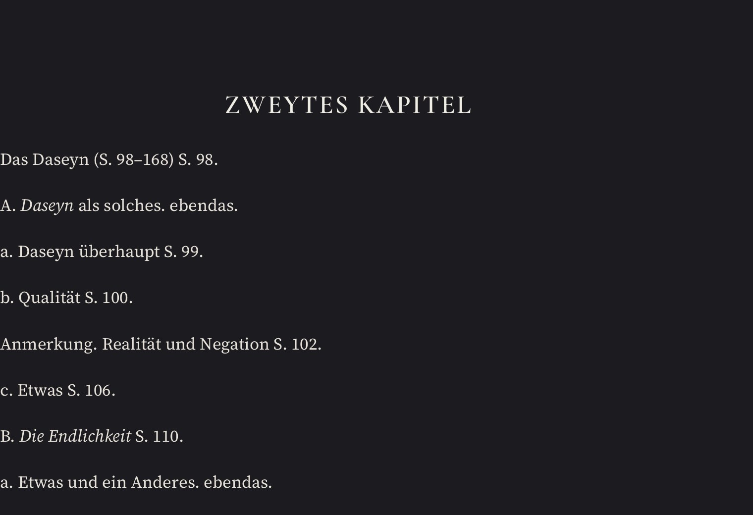 Inhaltsanzeige in Fassung 0.77: Fließtext, Seitenzahlen direkt hinter den Titeln, ohne Einzug.