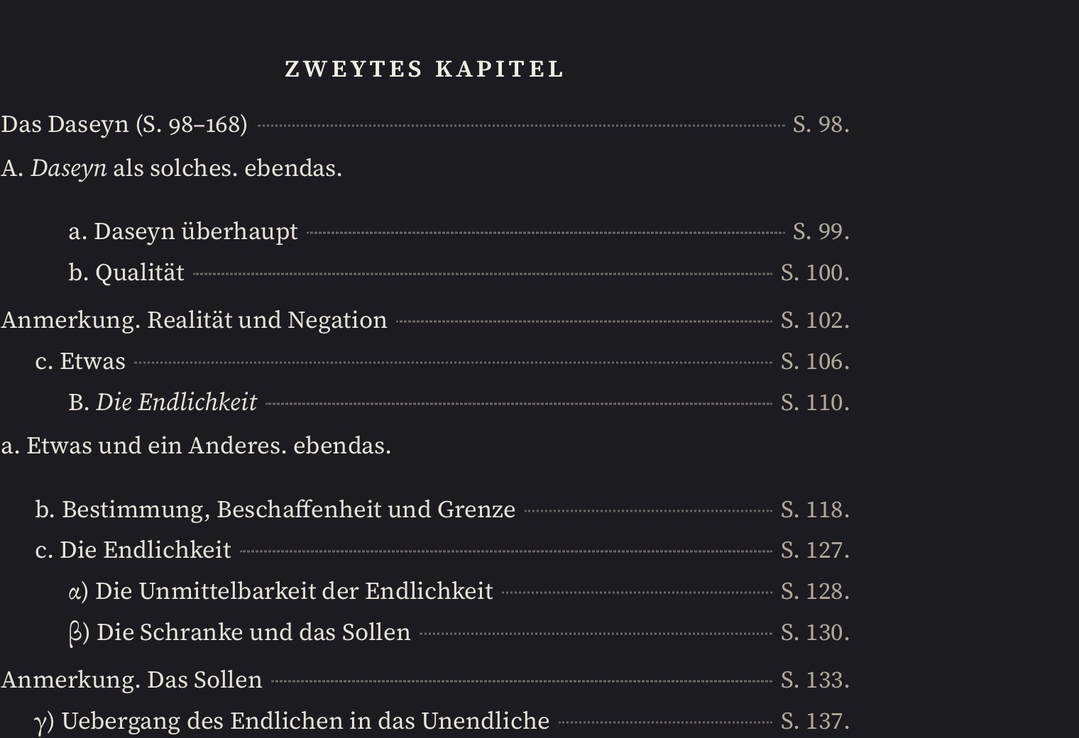 Inhaltsanzeige in Fassung 0.8: Einzug nach der Gliederung, Punktlinien, Seitenzahlen in einer Spalte.